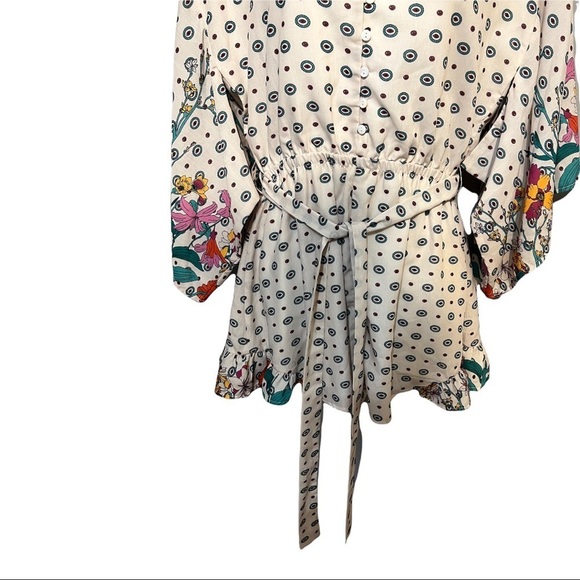 L’ATISTE by Amy Polka Dot Floral Ruffle Romper Sash Belt V-Neck Long Puff Sleeve - Picture 4 of 6